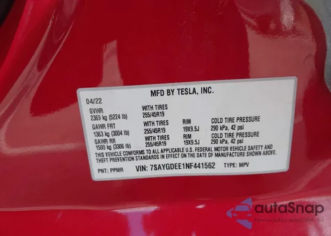 2022 Tesla Model Y Long Range Dual Motor All-Wheel Drive z USA, uszkodzony, nr VIN 7SAYGDEE1NF441562